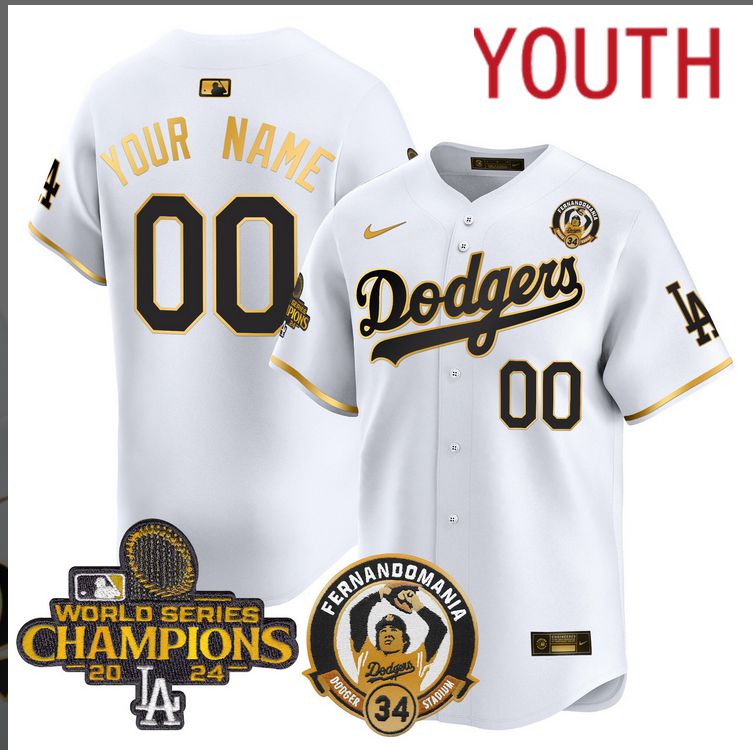 Youth MLB Los Angeles Dodgers Custom white 2024 World Series Champions Patch Cooperstown Jersey style 6